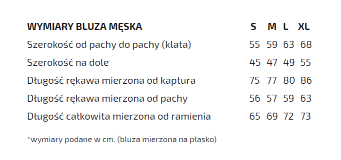 bluza męska- tabela rozmiarów Street Legend