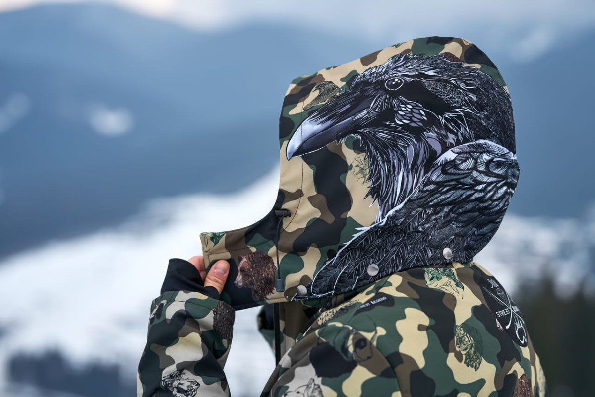 Kurtka- snowboardowa- narciarska- Snow- Legend- Street- Legend- Camo- Animals- softshell- wodoodporna- Kruk- Raven