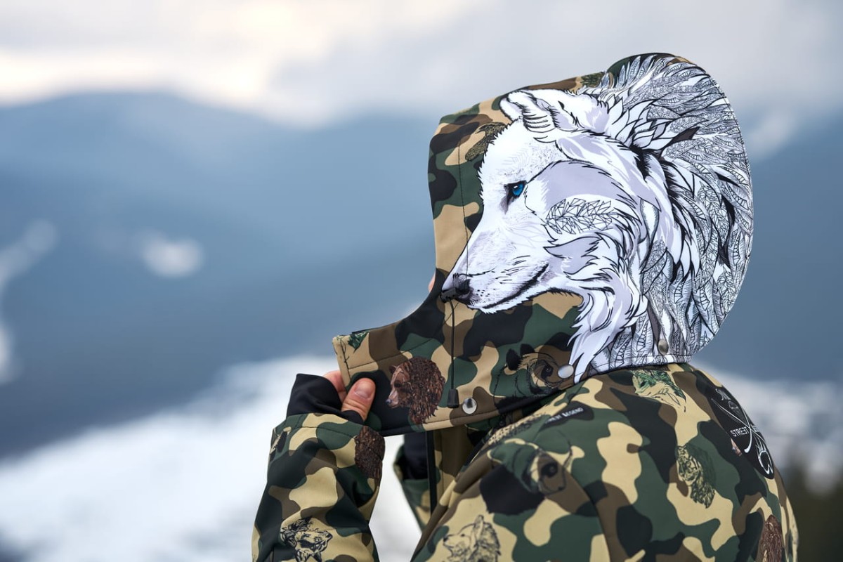 Kurtka- snowboardowa- narciarska- Snow- Legend- Street- Legend- Camo- Animals- softshell- wodoodporna- White- Wolf- Wilk