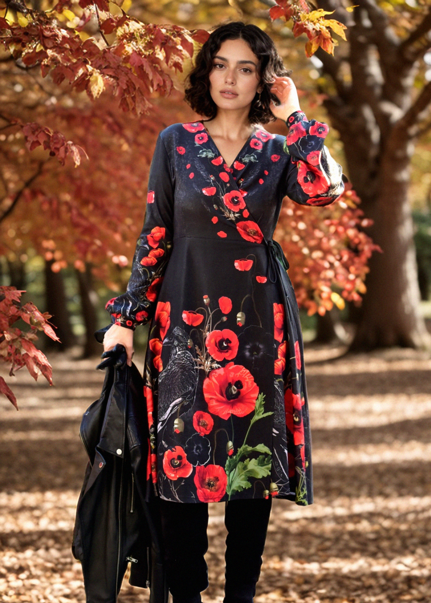 Sukienka- jesienna- kopertowa- z- długim- ekawem- w- maki- z- krukiem- Street- Legend