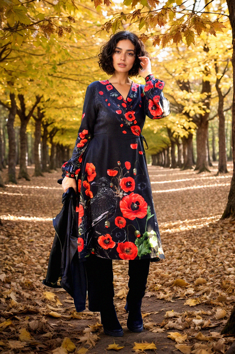 Sukienka- jesienna- kopertowa- z- długim- ekawem- w- maki- z- krukiem- Street- Legend