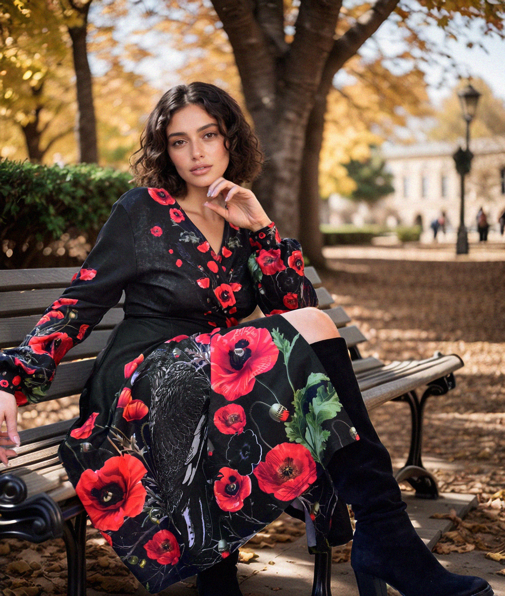 Sukienka- jesienna- kopertowa- z- długim- ekawem- w- maki- z- krukiem- Street- Legend